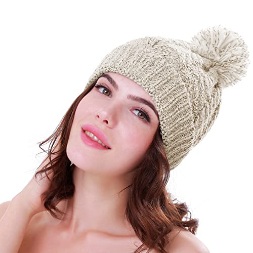 Women's Winter Beanie Warm Fleece Lining - Thick Slouchy Cable Knit Skull Hat Ski Cap (Cream)