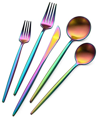 Rainbow Flatware Matte Silverware Set - 20 Piece 18/10 Colorful Stainless Steel Flatware Cutlery Utensils Tableware Set Service for 4, Include Knife/Fork/Spoon, Reusable, Dishwasher Safe