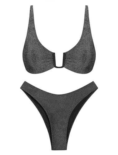 ZAFUL Bikini Set for Women U-Wired Bathing Suits Metallic Glitter Sparkly Lace Up Criss Cross String Bikini Swimswear(S,Black)