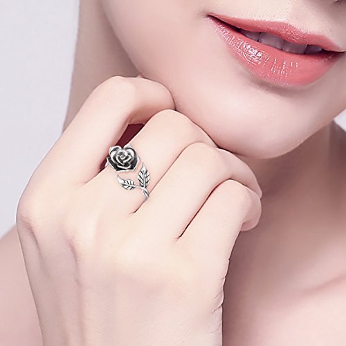 Alphm S925 Sterling Silver Adjustable Wrap Open Lotus Rings Rose Flower Ring for Women Floral Jewelry