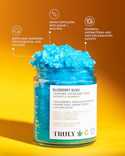 Truly Beauty Blueberry Kush Body Scrub with Hydroxy Acids and Vegan Collagen - Detoxifying Sugar Scrub for Women - Exfoliating Body Scrub for Flawless and Luminous Skin - 6 oz