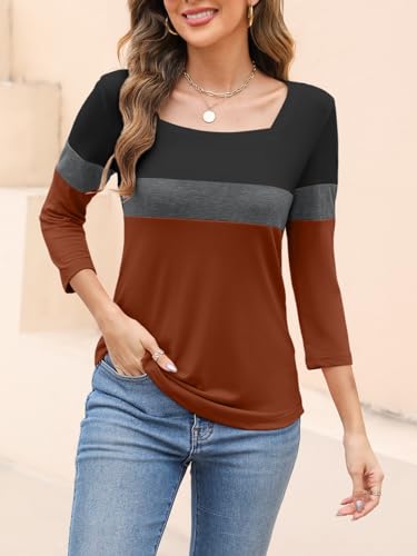 TICTICMISS Women's 3/4 Sleeve T Shirts Square Neck Summer Tops Dressy Casual Ladies Blouses Tops B-Black