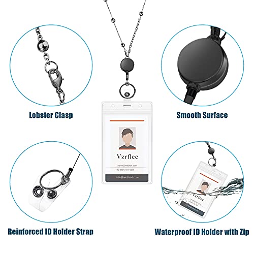 Vzrflee Retractable Badge Reel Lanyard with 2 Pieces ID Holder for Women, Fashion Beaded Chain Premium Stainless Steel Lanyard Necklace Water Resistant Name Badge Holder (Black)