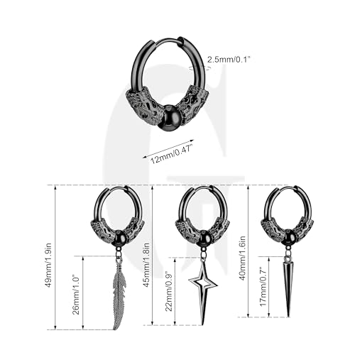 GUIJUEYE Black Dangle Hoop Earrings for Men, Hypoallergenic Surgical Steel Hanging Hinged Huggie Hoop Earrings-Spike Feather Cross Star Dangle Earrings