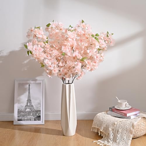 Sunm Boutique White Cherry Blossom Flowers, Artificial Cherry Blossom Decor Faux Cherry Blossom Branches Vase Arrangements for Wedding Home Party Kitchen Decor, Set of 3