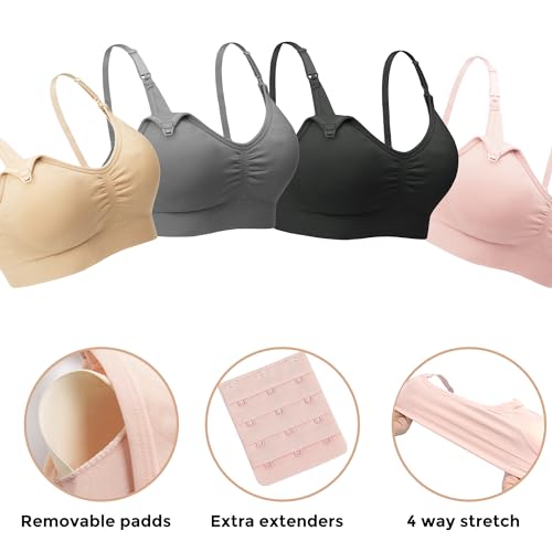 Stelle Nursing Bras Maternity Bra for Breastfeeding Pregnancy Wireless Bralette with Pads, Extenders & Clips (Black/Gray/Beige,M)