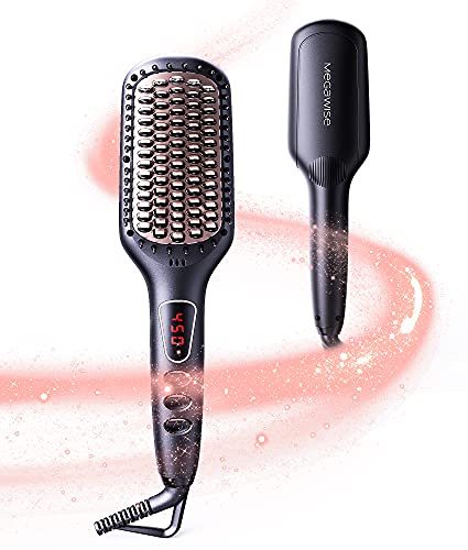 MEGAWISE Pro Ceramic Ionic Hair Straightener Brush for Home Salon, Straightening Hair Brush with 20s Heating Tech, Auto-Off, Anti-Scald with Universal Dual Voltage,Rotatable Power Cord, Black