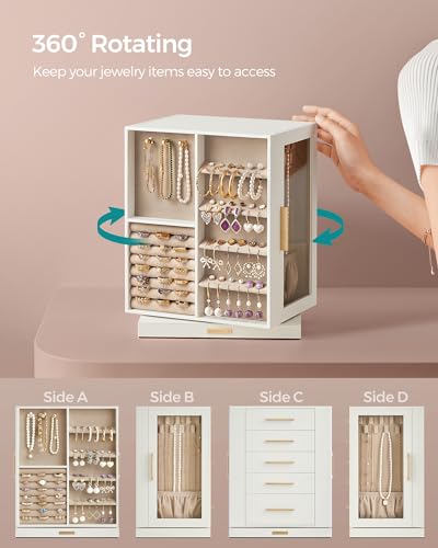 SONGMICS Jewelry Box 360° Rotating, Jewelry Storage Case with 5 Drawers, Jewelry Organizer, Glass Window, Spacious, Vertical Jewelry Storage, Open Design, Great Gift, Cloud White UJBC170W01