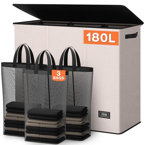SOLEDI 180L 3-Section Laundry Hamper with Lid, Extra Large Dirty Clothes Basket with Sturdy Handles for Laundry Room & Bedroom - Durable Organizer for Sorting Laundry