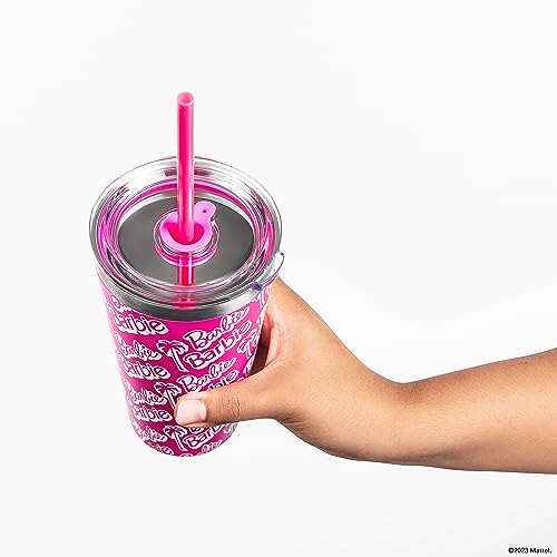 Dragon Glassware x Barbie Vacuum Insulated Tumbler with Lid and Straw - 16 oz Tumbler Cup with 2 Straws - Stainless Steel Tumbler with Straw for Water, Iced Tea - Travel Coffee Tumbler - Classic