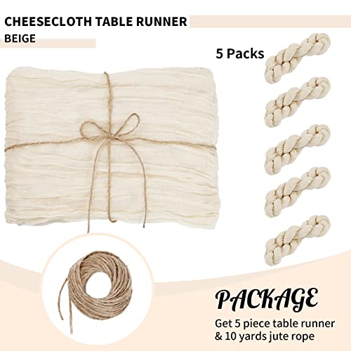 Beige Cheesecloth Table Runners 5 Pack 10Ft Rustic Boho Gauze Long Table Runner for Wedding Arch Bridal Shower Thanksgiving Day Decoration 35x120 Inch