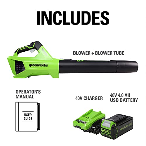 Greenworks 40V (130 MPH / 550 CFM / 75+ Compatible Tools) Cordless Brushless Axial Leaf Blower, 4.0Ah Battery and Charger Included