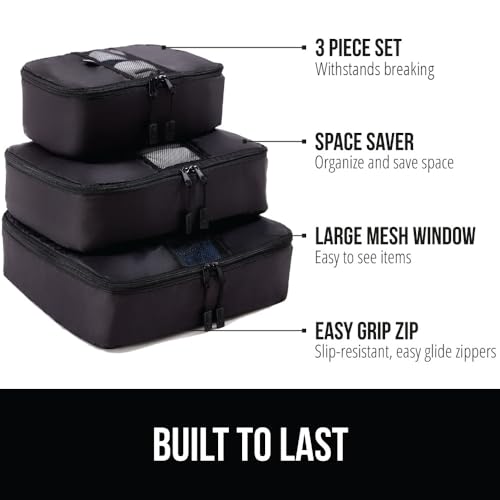Gorilla Grip 3 Piece Packing Cubes Set, Space Saving Organizers for Suitcases and Luggage, Mesh Window Bags, Travel Essentials for Carry On Clothes, Shoes, Toiletry Accessories Cube with Zipper, Black