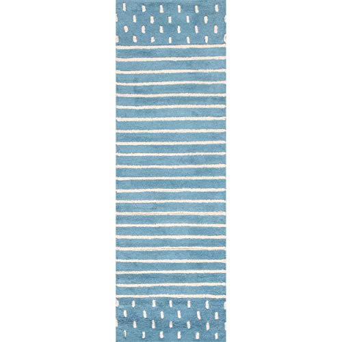 Arvin Olano Mandia Striped Wool Runner Rug, 2' x 6', Baby Blue