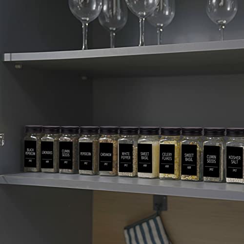 Churboro 25 Spice Jars with 547 Labels- Glass Spice Jars with Black Metal Caps, 4oz Empty Spice Containers with Shaker Lids, Funnel, Chalk Pen, Square Seasoning Bottles for Spice Rack, Drawer, Cabinet