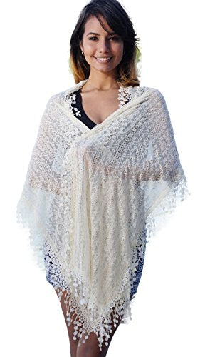 Cindy and Wendy Lightweight Soft Leaf Lace Fringes Scarf shawl for Women (TYH-BLACK)