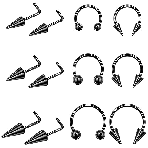 Vegolita 12PCS 316L Stainless Steel Long Spike Septum Nose Rings for Women Men Long Spike Nose Studs Horseshoe Nose Rings Cartilage Helix Tragus Hoop Earrings Nose Piercing Jewelry BS
