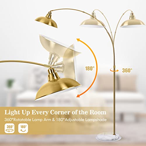 FILIYANO Gold Brass Arc Floor Lamp for Living Room - Mid Century Modern Standing Lamp, Overhanging Floor Lamps, Arch Stand Up Lamp & Floor Light with White Marble Base, Ideal for Bedroom Study Room