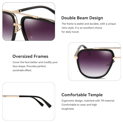 Dollger Oversized Square Aviator Sunglasses for Men Classic Retro Gold Alloy Frame Sun Glasses 2 Pack