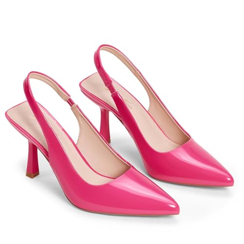 GENSHUO Women's Slingback Kitten Heel Pointed Closed Toe Stiletto Pumps Slip on Elastic Strap Wedding Party Dress Sandals Shoes Silver Size 7