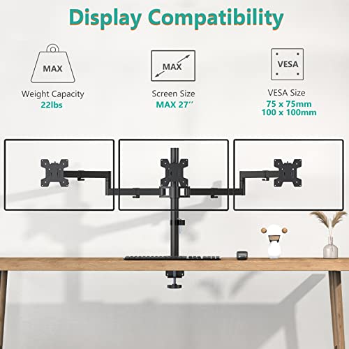 WALI Triple LCD Monitor Desk Mount Fully Adjustable Horizontal Stand Fits 3 Screens up to 27 inch, 22 lbs. Weight Capacity per Arm (M003S), Black