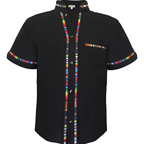 POFF Men's Mexican Guayabera Shirt - 100% Cotton, Colorful Embroidery, Short Sleeve, Regular Fit, Black