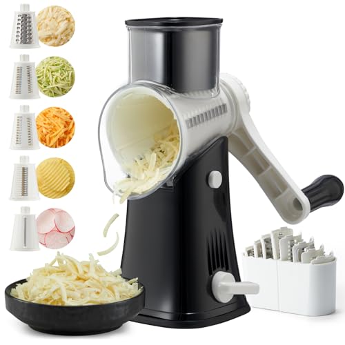 ALEXPHY Upgraded Cheese Grater Hand Crank, 5-in-1 Rotary Cheese Grater, Stronger Suction, Easy to Clean Grater for Fruit, Vegetables, Nuts, Black