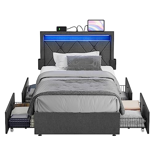 VASAGLE LED Bed Frame Twin Size with Headboard and 4 Drawers, 1 USB Port and 1 Type C Port, Adjustable Upholstered Headboard, No Box Spring Needed, Dark Grey URMB823G71