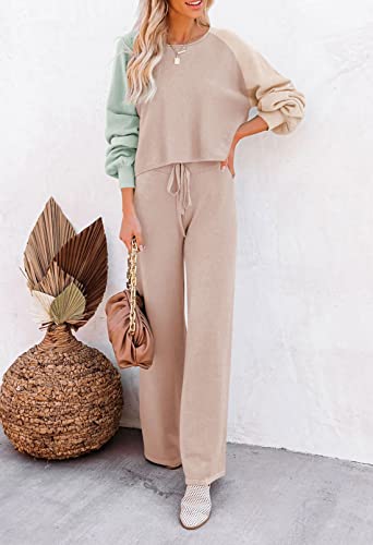 Pink Queen Women's 2 Piece Knit Outfit Cropped Sweater Top Wide Leg Long Pants Sweatsuits Pajama Set Green L