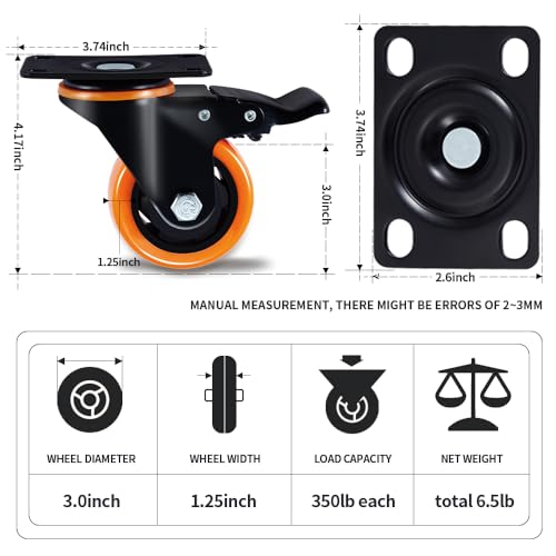 SOCHER 5 Inch Plate Caster Wheels, Heavy Duty 5” Casters Set of 4 with Brake,No Noise Polyurethane Wheels and Safety Dual Locking casters, Swivel Plate Castors (Two Hardware Kits)(5 inch)