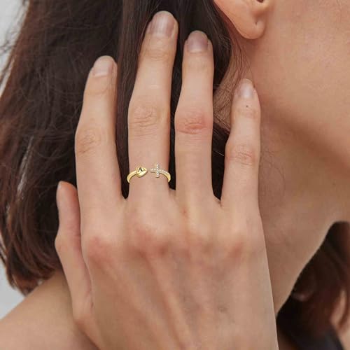 RLMOON Silver Heart Initial Ring for Women Teen Girls Silver CZ Cross Ring Non Tarnish Dainty Letter S Ring Adjustable Personalized Silver Jewelry Gift