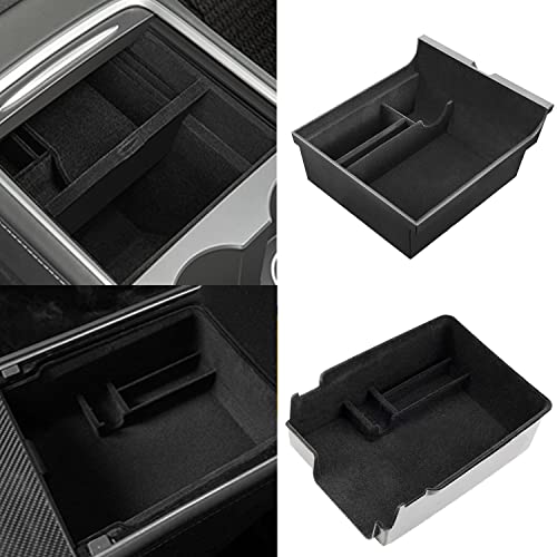 2PCS Center Console Organizer Tray for Tesla Model 3/Y 2020-2023 - Upgrade Flocked Armrest Hidden Cubby Drawer Storage Box, Interior Accessories Tray for Coin keys and Sunglass Holder