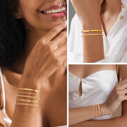 Wowshow Gold Bracelets for Women Bracelet Stack Set 14K Real Gold Plated Link Charm Bracelet Dainty Link Chain Stackable Charm Bracelets Adjustable Bangle Cuff Bracelet Pack Jewelry Gifts for Women 6.0 Inch