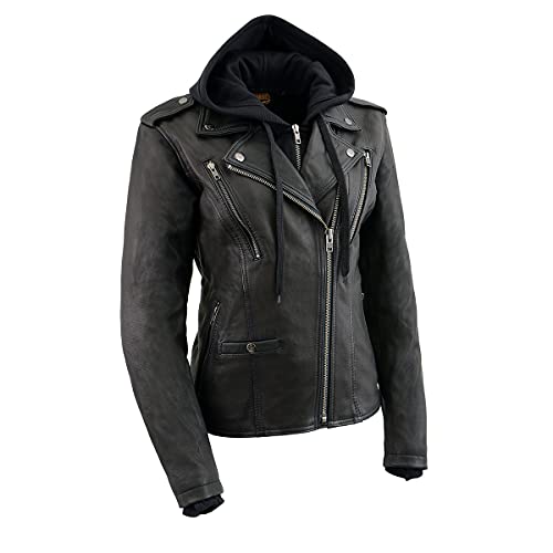 Milwaukee Leather MLL2575 Women's Black Leather Vented Motorcycle Jacket w/Removable Hoodie - X-Small