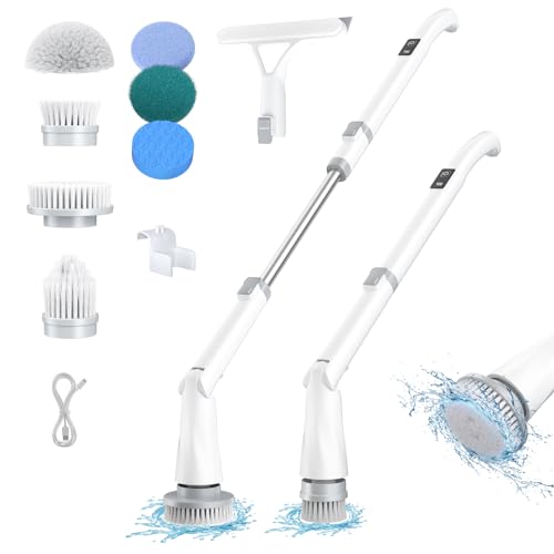 GROMCLIP Electric Spin Scrubber, Electric Shower Scrubber with Long Handle Adjustable, 8 Replaceable Heads and Battery Display, 2 Speeds Electric Spin Brush for Cleaning Bathroom Tub Floor Tile Basin