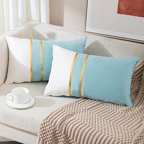 ZLINA Set of 2 Velvet Decorative Lumbar Pillow Covers Black White Patchwork with Gold Leather Pillow Covers 12 × 20 Inch Cushion Covers Decor Living Room Sofa Bedroom Car