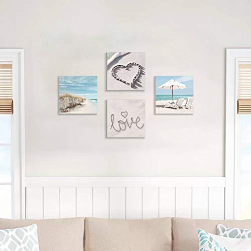 ARTISTIC PATH Canvas Wall Art Beach Picture: Artwork of Chairs & Sand Dune Painting Print Coastal Wall Artwork for Kitchen(12" W x 12" H x 4 PCS,Multi-Sized)