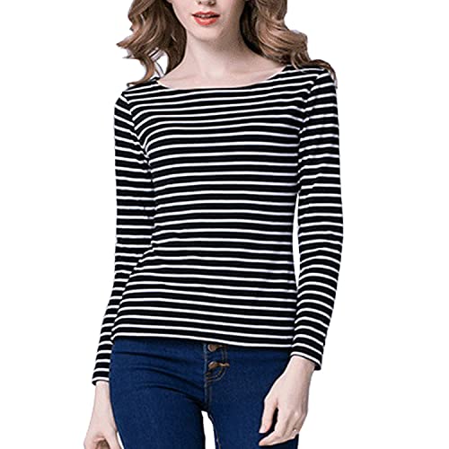 Tulucky Women's Casual Long Sleeve Shirts Stripe Tees Round Neck Tank Tops (S, Black)