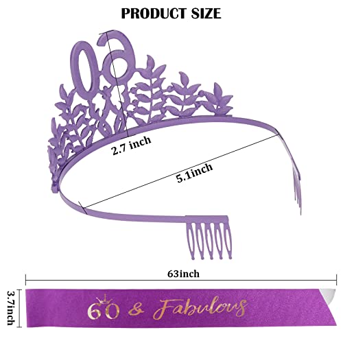 CIEHER 60th Birthday Sash and Tiara Set - Purple Decorations, Women's Crown, and '60 and Fabulous' Sash Gift