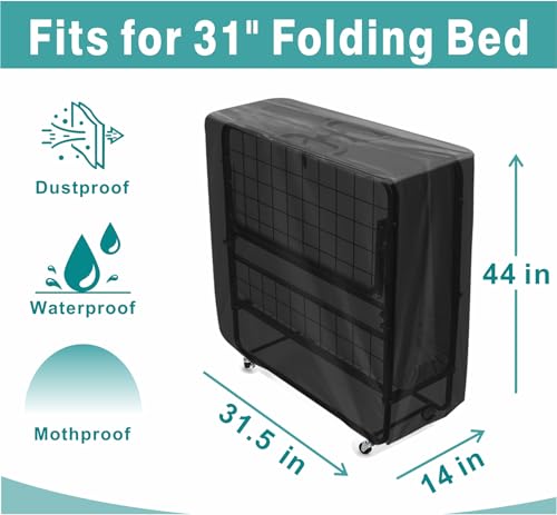 Folding Bed Storage Cover - Waterproof and Dustproof Universal Rollaway Bed Protector - Fits 31 Inch Single Folding Bed (31.5 "L × 14" W × 44 "H) - Black