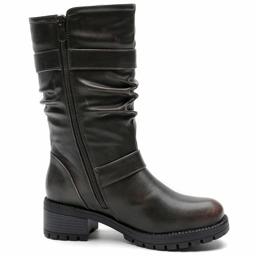 GLOBALWIN Women's Mid Calf Dress Boots Biker Motorcycle Riding Boots Women For Women Black Size 11M