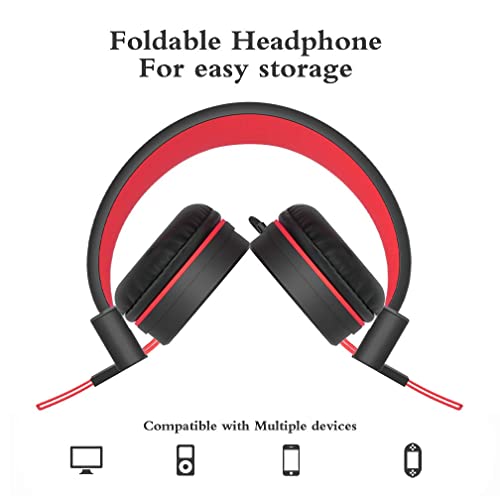 ELECDER i37 Kids Headphones Children Girls Boys Teens Foldable Adjustable On Ear Headphones 3.5mm Jack Compatible Cellphones Computer MP3/4 Kindle School Tablet (Red)
