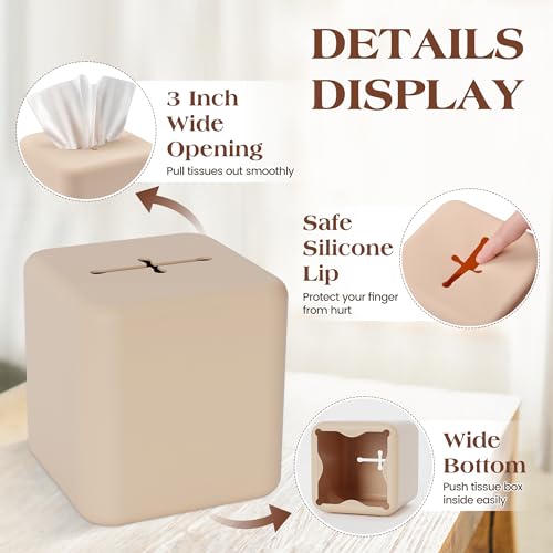 AOTASO Silicone Tissue Box Cover, Square Tissue Box Holder for Bathroom, Decorative Box Covers for Kleenex Cube, Accessories for Table Car Office (Beige)