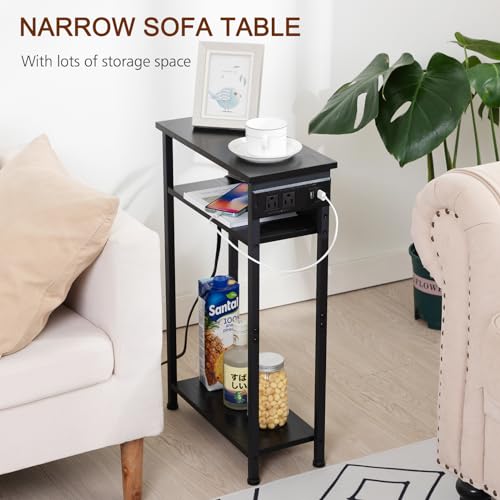 AMHANCIBLE Narrow Side Table Set of 2 with Charging Station, Small End Tables for Small Spaces, 3-Tier Skinny Side Table, Narrow End Table with USB Ports, Narrow Nightstand Set 2, Black, HETN03BK