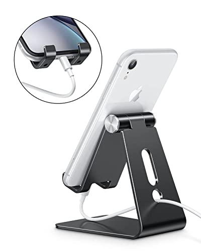 OMOTON Adjustable Cell Phone Stand, C2 Aluminum Desktop Phone Holder Dock Compatible with iPhone 15 14 13 Xs XR 8 Plus 7 6, Samsung Galaxy, Google Pixel, Android Phones, Black