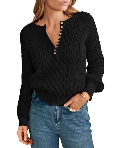 KIRUNDO Womens Sweaters 2024 Fall Winter Henley Long Sleeve Button Crew Neck Cable Knit Loose Cropped Sweater Pullover(Black, Small)