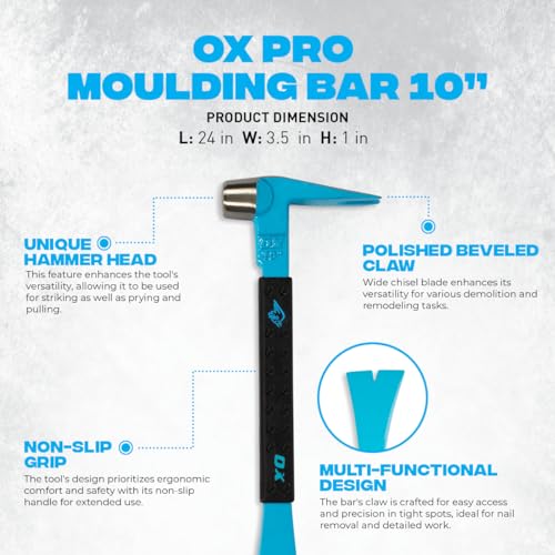 OX Tools 10" Molding Bar Cats Paw Nail Puller Tool with Wide Chisel Blade - Non-Slip Grip Multi-Purpose Beveled Claw with Hammer Head - Multi-use Mini Pry Bar for Trim and Nail Removal OX-P083110