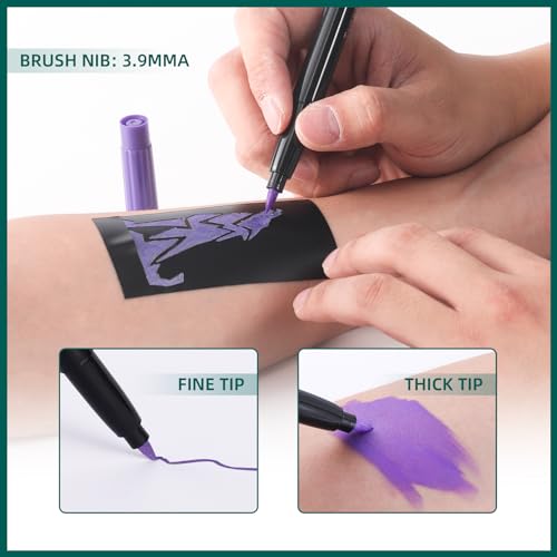Anmmy Temporary Tattoo Markers for Skin, 16-Count Body Markers+77 Large Tattoo Stencils of Assorted Colors for kids and Adults, Flexible Brush Tip, Bright colors, Skin-Safe*, Cosmetic-Grade.