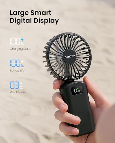 Gaiatop Portable Handheld Fan, 180° Foldable Desk Fan 3 Speed Personal Mini Hand Fan, 2000mAh Powerful Rechargeable Small Fan with Digital Display, USB Personal Fan for Office Outdoor Makeup-Black