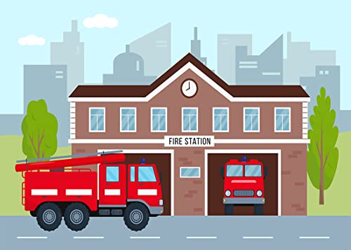 CORFOTO 5x3ft Fabric Cartoon Fire Station Backdrop Photography Firetruck Firefighter Background Kids Firefighter Themed Birthday Party Decorations Photoshoot Booth Studio Props